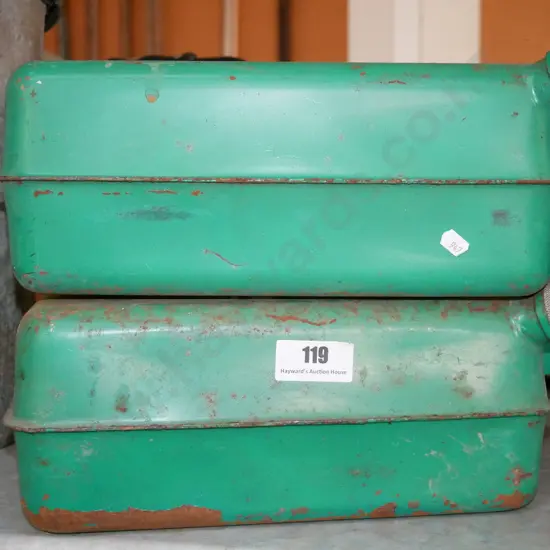 2x green metal petrol containers