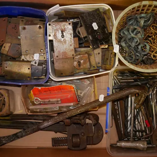box; vintage cupboard blocks, drill bits etc