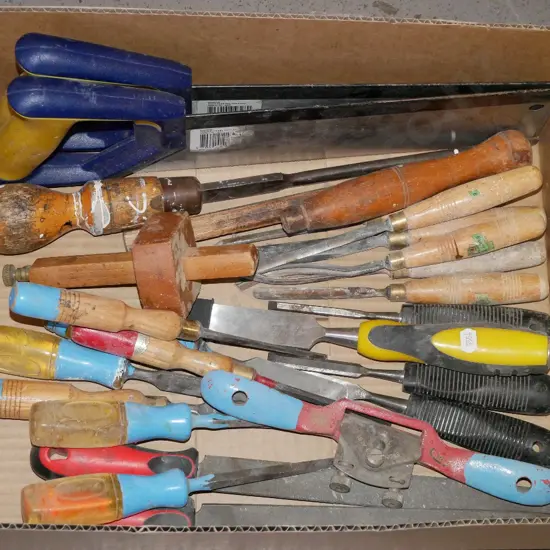 box; files, chisels, saws etc