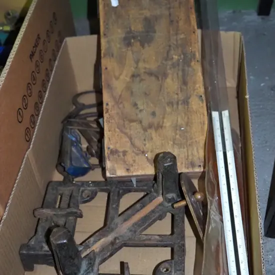 box; right angled clamp, templates, vices, calipers etc