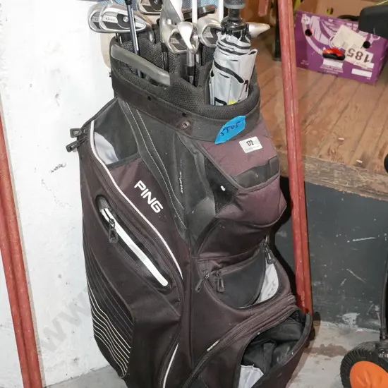 set of Ping golf clubs and golf bag