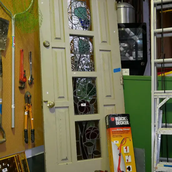 solid  wood 4 pane; and leadlight front door with hinges, handles and locks H-1980 W-860