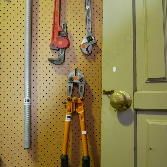 plumbers stilson, adjustable crescent, bolt cutters - orange dots