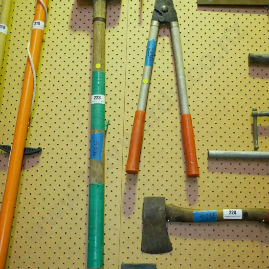 sledge hammer, garden loppers - yellow dots