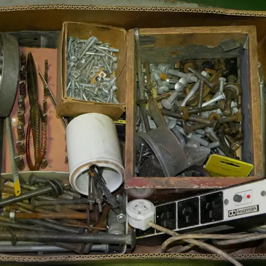 box; multi board, bolts, nuts, drill bits etc