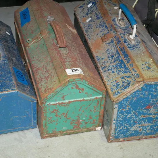 3x rusty metal tool boxes