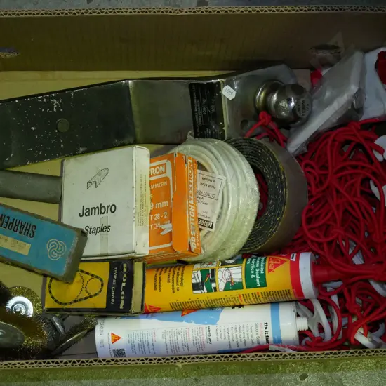 box; tow ball, cargo net, wire brushes etc