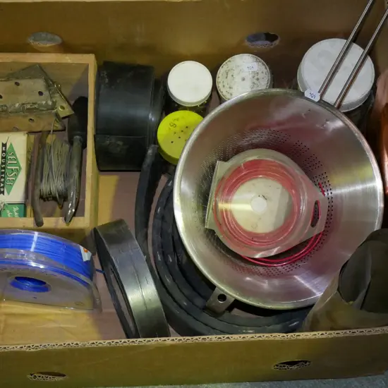 box; sieve, line trimmer line, copper and brass sheets etc