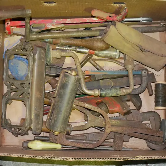 box; rusty tools etc