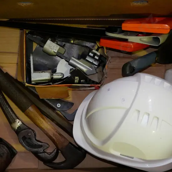 box; hard hat, hand saws, drill grinding attachment etc