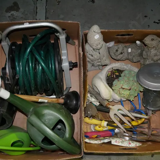 2 boxes of gardening accessories; hose, watering can etc- green dots