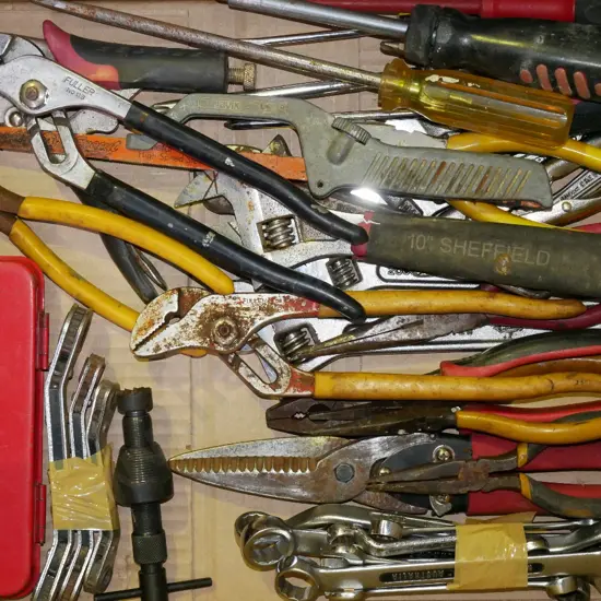 box; ring spanners, crescents, wrenches, screwdrivers etc