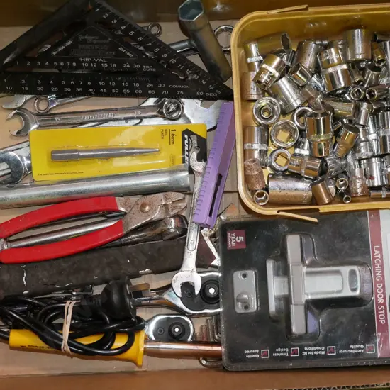 box; builder's squares, crescents, rachets, sockets etc