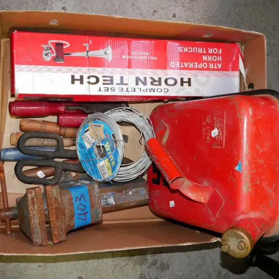 box; petrol tin, air horn, engineer's vice etc