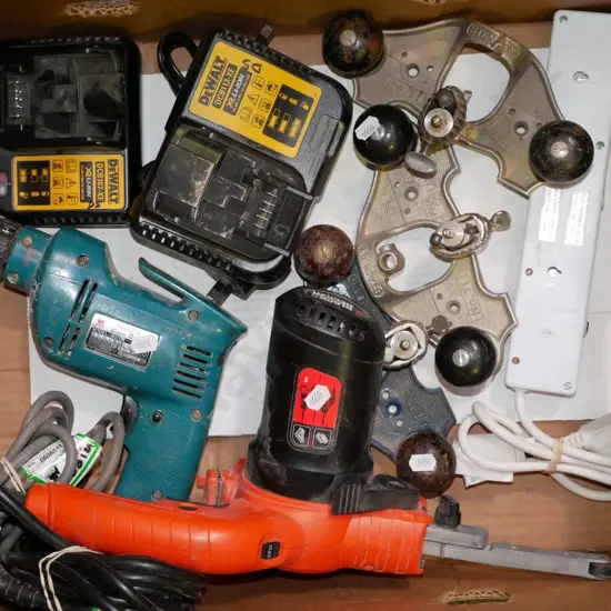 box; De Walt battery chargers, plunge planes, Black & Decker file sander etc