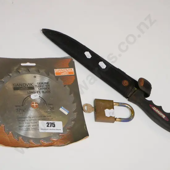padlock, fishing knife, circular saw blade