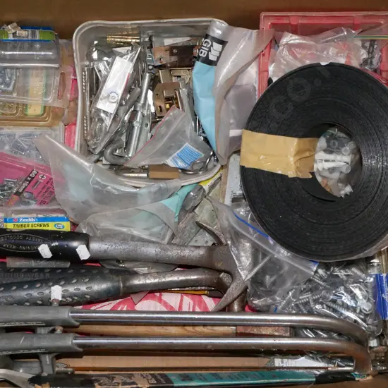 box; hack saws, damp course, hammers etc