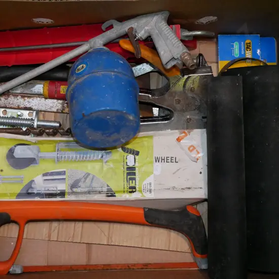 box; hacksaw, sprung gate wheel, caulking gun etc