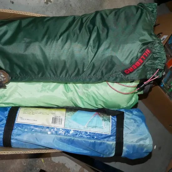 box; camping tent, camp bed, small hiking tent