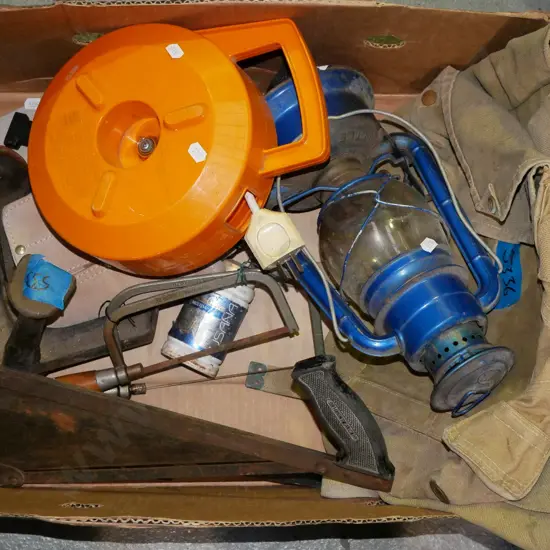 box; builders belt, extension cord, hurricane lantern etc