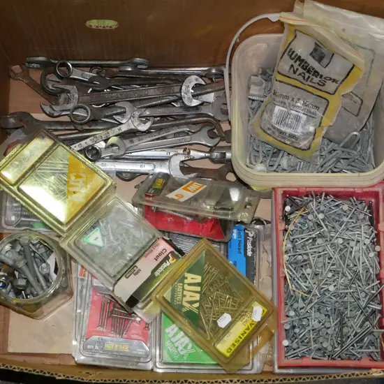 box; nails, open ended ring spanners, screws etc