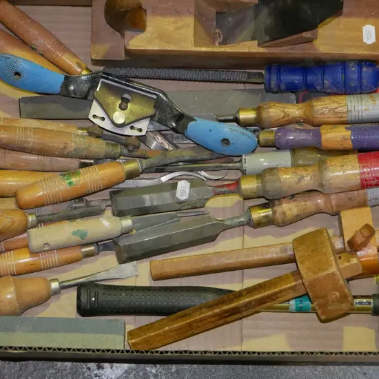 box; builder's gauges, sharpening stone, chisels etc