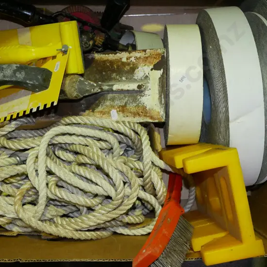 box; rope, wire brush, tilers tools etc
