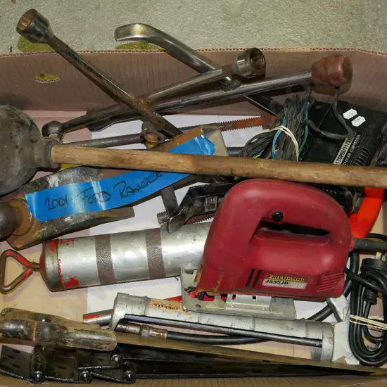box; grease guns, gate hinges, jig saw etc