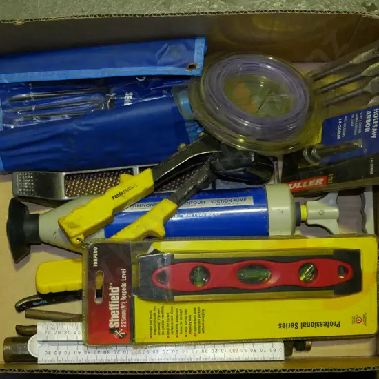 box; builder's rule, tin snips, level etc