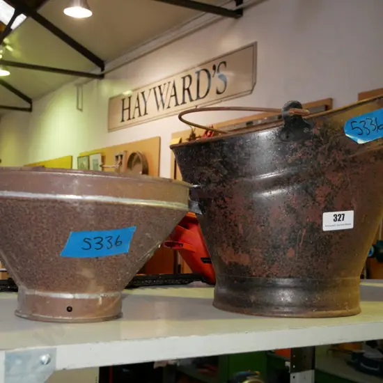 rusty coal scuttle, fine mesh sieve