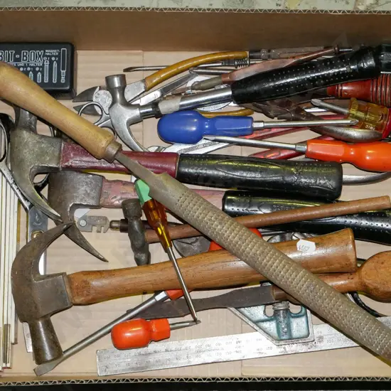 box; hammers, screwdrivers etc