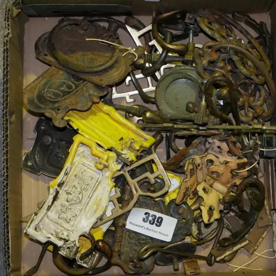 box; vintage cupboard handles, hinges etc