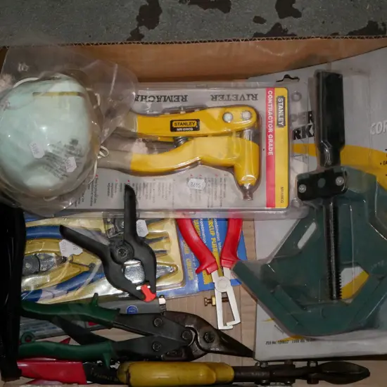 box; pot riveters, dust masks, pliers etc