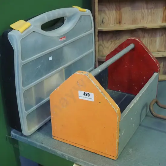 plastic organiser, wooden tool box