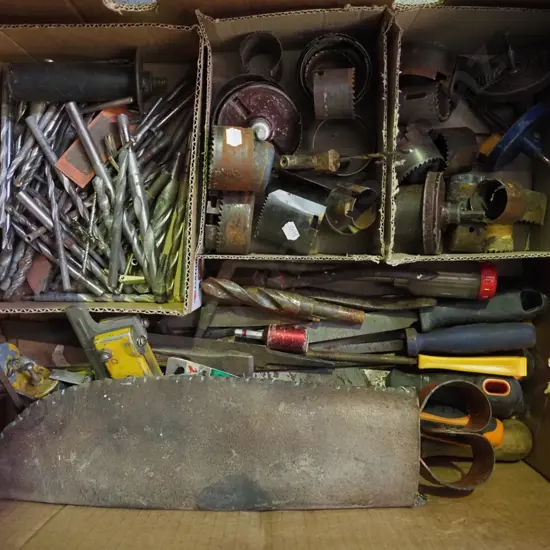 box; hole saws, drill, bits etc