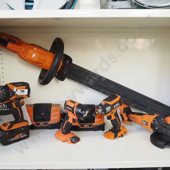 AEG 18V battery powered tools; hedge trimmers, grinder, impact driver, drill, torch