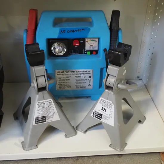 pair of 3 tonne axle stands, jump starter pack - no charger