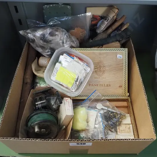 box; fly fishing materials, reels etc