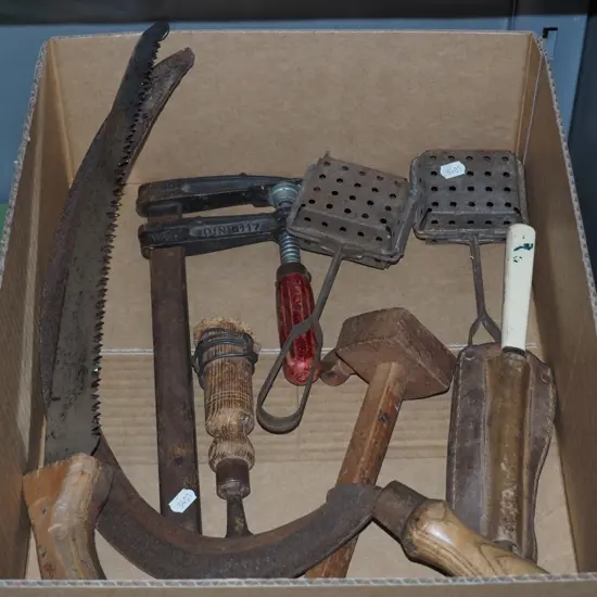 box; sickle, soap savers, maker gauge, chisel etc