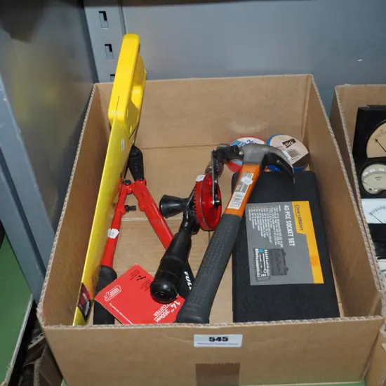 box; hand saw, bolt cutters, small socket set etc