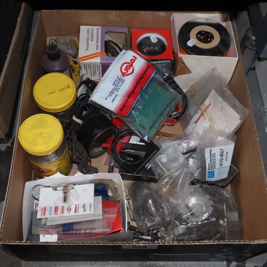 box; lawn mower parts, automotive dials etc