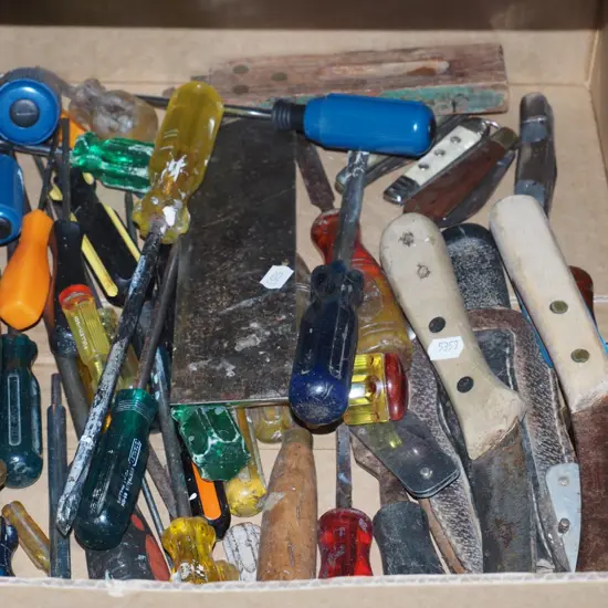 box; screwdrivers, knives, builders squares etc
