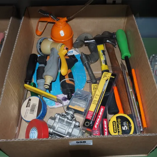 box; hammers, tape measure, oiler etc