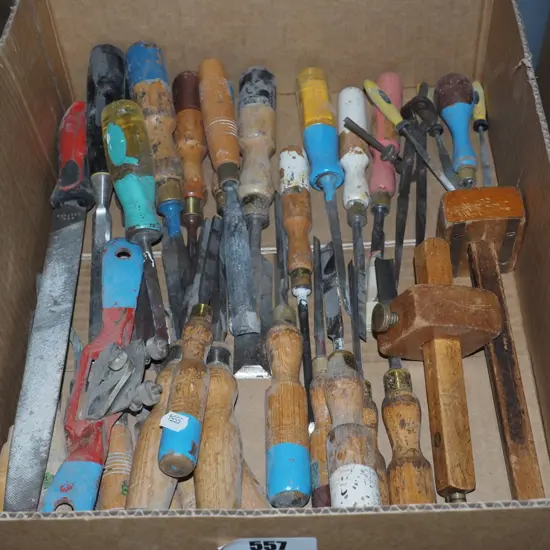 box; builders markers gauges, chisels etc
