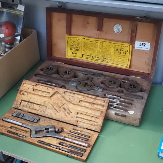 2x wood cased tap and die sets