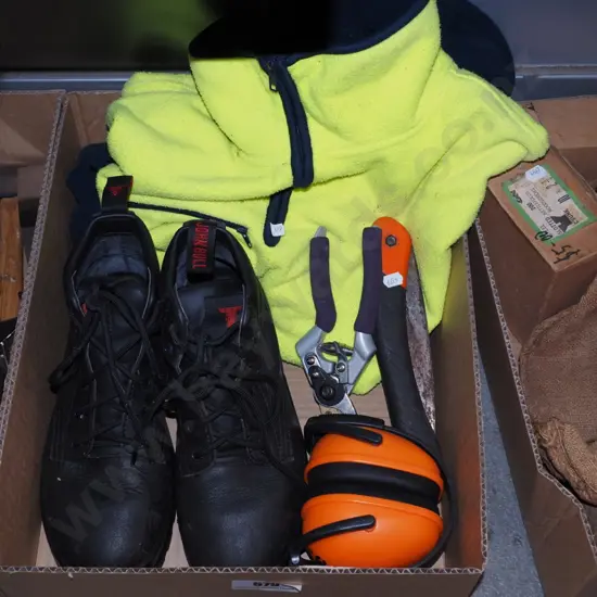 box; steel cap boots, ear muffs, gardening tools etc