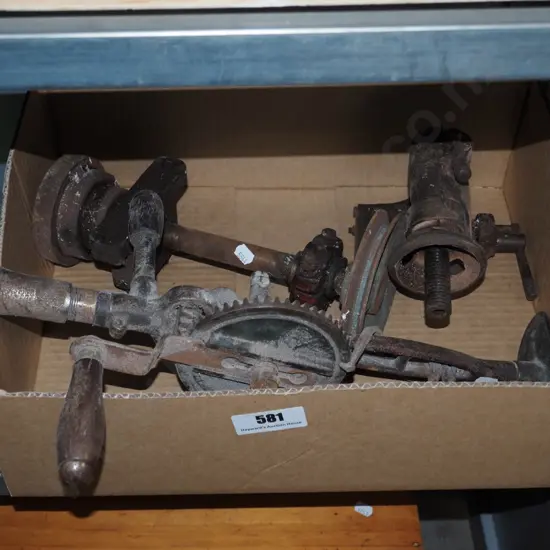 box; vintage egg beater drill, lathe parts