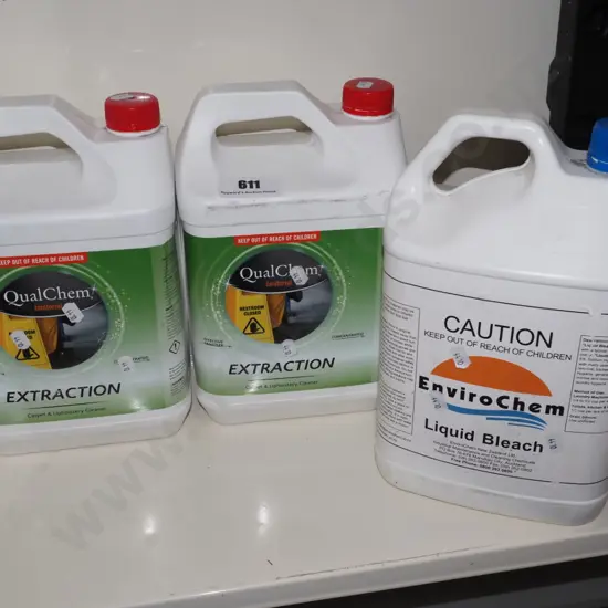 2x containers upholstery cleaner, 1x liquid bleach