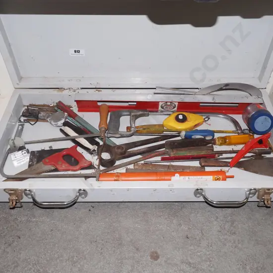 wooden tool box; hack saw, builders level etc