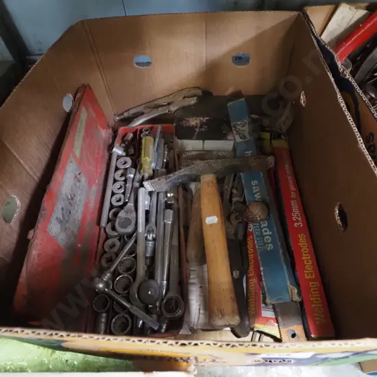 box; hammers,vice grips, wedling rods etc